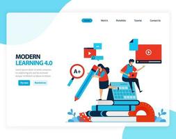 vektor illustration av modernt lärande 4.0 effektivitet av digital utbildning, lärande, skolgång. platt tecknad för målsida, mall, ui ux, webb, webbplats, mobilapp, banner, flygblad, broschyr