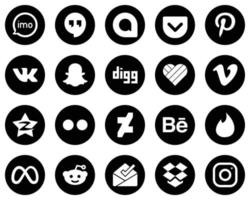 20 hochauflösende weiße Social-Media-Icons auf schwarzem Hintergrund wie flickr. zehn Cent. vk. qzone- und vimeo-symbole. vielseitig und professionell vektor