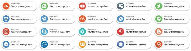 Folgen Sie mir Social-Media-Symbole mit anpassbarem Nachrichtenpaket mit 20 Nachrichten wie Chat. Dropbox. Meta- und Google-Hangouts-Symbole. minimalistisch und hochauflösend vektor