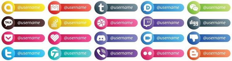 20 einzigartige Follow-me-Symbole im Kartenstil für soziale Netzwerke wie likee. graben. kakao sprechen. Twitch- und Overflow-Symbole. auffällig und hochauflösend vektor