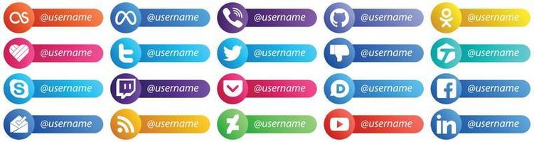 Folgen Sie mir Social Network Platform Card Style Icons 20 Pack wie Tasche. Plaudern. wie. Skype- und Facebook-Symbole. kreativ und professionell vektor