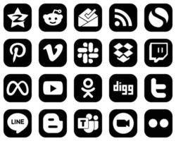 20 saubere weiße Social-Media-Symbole auf schwarzem Hintergrund wie Video. Facebook. Pinterest. Meta- und Dropbox-Symbole. modern und minimalistisch vektor
