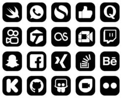 20 einzigartige weiße Social-Media-Symbole auf schwarzem Hintergrund wie Facebook. markierte und Snapchat-Symbole. elegant und minimalistisch vektor