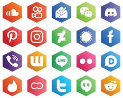 Hexagon flache Farbe weißes Icon-Set wie Messenger. abweichend. Nachrichten- und Instagram-Symbole. 25 professionelle Symbole vektor