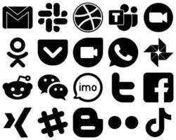 20 hochwertige schwarze solide Icon-Sets wie Wechat. Google Foto. Video. WhatsApp- und Taschensymbole. vollständig editierbar und professionell vektor