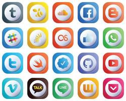 süße 3D-Gradienten-Icons von Top-Social-Media-20-Packs wie Facebook. letztes FM. Blogger. Überlauf- und Fragesymbole. Hochauflösend und professionell vektor