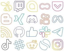20 stilvolle und elegante Social-Media-Icons mit farbenfrohen Umrissen wie RSS. Meta. bloggen. Kuaishou und Text kreativ und professionell vektor