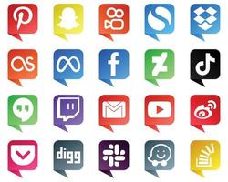 20 einzigartige Social-Media-Symbole im Chat-Blasen-Stil wie Google Hangouts. China. Facebook. Video- und Tiktok-Symbole. Hochauflösend und professionell vektor