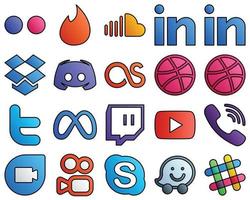 20 frische Social-Media-Icons Meta. zwitschern. dropbox und dribbeln gefülltes linienstil-symbolpaket vektor