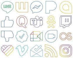 20 innovative und einzigartige Social-Media-Symbole mit farbenfrohen Umrissen wie z. B. das Twitter-Verifizierungsabzeichen. nicht gefallen. facebook und twitch hochwertig und modern vektor