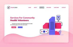 Landingpage Illustration Vorlage des Dienstes für Community Health Volunteers. Kreuzsymbol mit einem Verband. Gesundheitsthemen. kann für Zielseite, Website, Web, mobile Apps, Poster, Flyer verwendet werden vektor