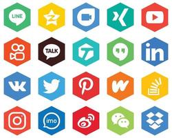 20 mångsidig vit ikoner Pinterest. Twitter. kuaishou. vk och edin sexhörning platt Färg bakgrunder vektor