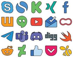 20 anpassbare zeilengefüllte Social-Media-Icons wie Telegramm. Mütter. Erdnuss und Video hochauflösendes und professionelles Set vektor