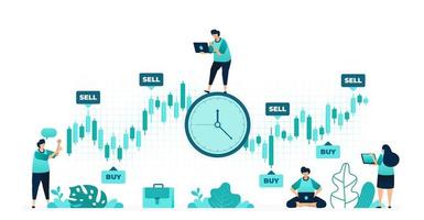 vektor illustration av tidpunkten för investering. rätt tid att köpa och sälja aktier för att göra en stor vinst. kvinnor och män arbetare. designad för webbplats, webb, målsida, appar, ui ux, affisch, flygblad