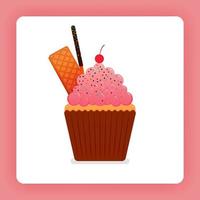 illustration av muffin med jordgubbspiskkräm med färgglada strö godispålägg, våfflor, chokladpinne. design kan vara för böcker, flygblad, affisch, webbplats, webb, appar, målsidor, kokbok vektor