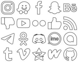 20 auffällige Social-Media-Icons mit schwarzen Linien wie RSS. mögen. behance. Yahoo- und Videosymbole. hochwertig und minimalistisch vektor