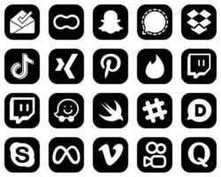 20 vielseitige weiße Social-Media-Icons auf schwarzem Hintergrund wie Twitch. Pinterest. Dropbox. Xing- und China-Symbole. auffällig und hochauflösend vektor