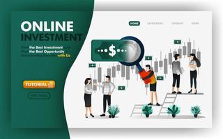 online-investering och bank vektorillustration. män med jätteförstoringsglas ger dig råd för att bestämma lönsamma investeringar. kan användas för webbplats, banner, broschyr, flygblad, utskrift, mobil, ui vektor