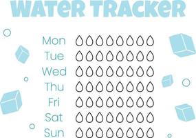 Wasser-Tracker-Vektorvorlage. . Checkliste Trinkwasser. Wassertracker mit Eis. Vektor-Illustration. Doodle-Stil. vektor