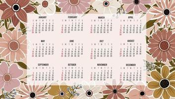 Kalender 2023 mit 12 Monaten. sonntag woche beginn jahreskalender. Einseitige Kalendervorlage mit handgezeichneten Boho-Pflanzen und Blumen. Vektor-Illustration vektor