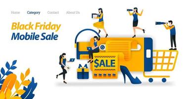 Kaufen Sie für Black Friday-Rabatte auf dem Handy, suchen und finden Sie verschiedene Black Friday-Angebote im Internet. Vektorillustration. flacher Icon-Stil geeignet für Web-Landingpage, Banner, Flyer, Aufkleber, Hintergrundbild vektor