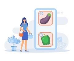 Abbildung des Lebensmittelversands. Charakter, der frisches Bio-Gemüse online kauft, für eine Bestellung bezahlt und Lebensmittel geliefert bekommt. flache Vektor moderne Illustration