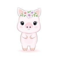 süßes kleines schwein mit flora, karikaturillustration vektor