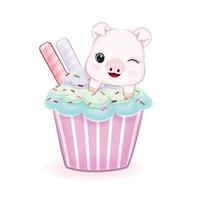 niedliche kleine schwein- und cupcake-cartoon-aquarellillustration vektor