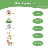 tryckbar matchande ord arbetsblad. matchande djur- bild med namn. pedagogisk ark för barn. vektor fil.