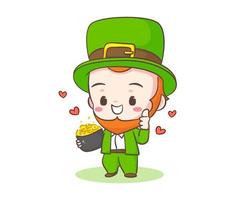 niedlicher entzückender Kobold-Cartoon, der einen Topf Goldmünze hält. handgezeichneter Chibi-Charakter. Happy Saint Patrick's Day Konzeptdesign. isolierter weißer Hintergrund. Vektorgrafik. vektor