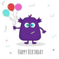 födelsedag kort med söt monster innehav en ballonger. vektor