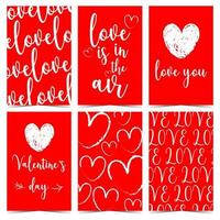 Valentinstag-Vektor-Grußpostkarten mit handgezeichneten Herzen und romantischem Liebestext auf rotem Hintergrund. illustration im flachen stil auch geeignet für valentinstag-geschenketikett, tag, aufkleber, abzeichen. vektor