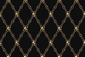 vintage geometrisches goldmuster mit metallketten und perlen. Rautengitter auf schwarzem Hintergrund.