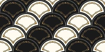 Muschelförmiges, nahtloses Gittermuster mit goldener Kette und Perlen auf schwarzem Hintergrund. Modeillustration. nahtlose Art-Deco-Muster. Vektor