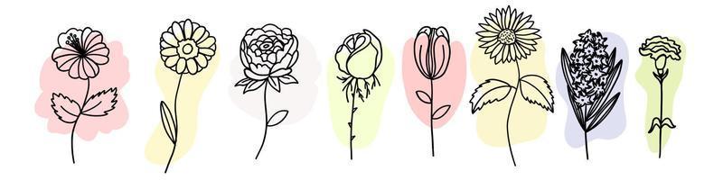blommor med färgrik borsta uppsättning i platt klotter tecknad serie stil. vektor illustration uppsättning på vit bakgrund.