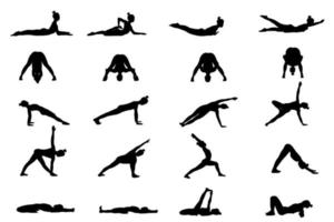 Yoga-Posen-Sammlung. schwarzer Schatten. weibliches frau mädchen. vektorillustration im flachen stil der karikatur lokalisiert auf weißem hintergrund. vektor