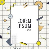 Rahmen der kreativen Vorlage Rechteckrahmen auf gelben, grauen und schwarzen geometrischen Kreisen, Dreiecken, Linien auf Gitterhintergrund im Memphis-Stil. vektor
