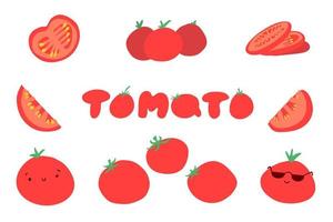 tomater uppsättning i tecknad serie platt stil. friska naturlig grönsaker mat. vektor illustration isolerat på vit bakgrund.