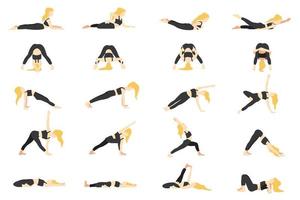 yoga poser samling. blond europeisk kvinna blond kvinna flicka. vektor illustration i tecknad serie platt stil isolerat på vit bakgrund.