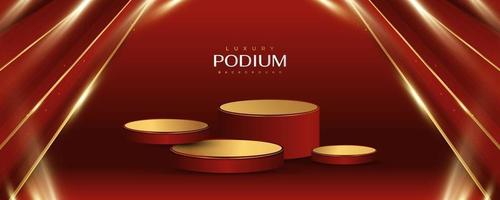 Luxus-Podium in Rot und Gold 3D mit goldenem Lichteffekt isoliert auf rotem Hintergrund vektor