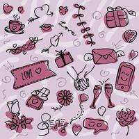 sammlung von handgezeichneten gekritzeln, linien, kritzelstil mit liebesthema. valentinsgrußsammlung mit rosen, schokolade, geschenken, liebestexten, herzen, ballon, musik, kaffee in roten, rosafarbenen farben. vektor