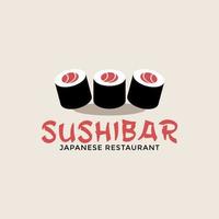 Sushi-Logo-Vorlage. vektorikonenstil-illustrationslogo der asiatischen straßenfastfoodbar oder -geschäft, sushi, maki, nigiri-lachsrolle mit essstäbchen vektor