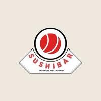 Sushi-Logo-Vorlage. vektorikonenstil-illustrationslogo der asiatischen straßenfastfoodbar oder -geschäft, sushi, maki, nigiri-lachsrolle mit essstäbchen vektor