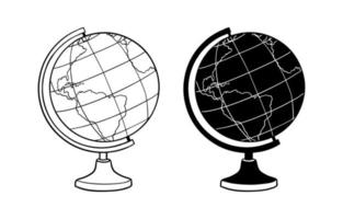 Umriss Globus Doodle Skizze. handgezeichneter Schulglobus auf einem Ständer. Modell der Erde. Bildungsausrüstung. isolierte Vektorillustration vektor
