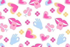 sömlös mönster i retro 70s stil, blommor, fjärilar, hjärtan, mun, tunga, hand, gest vektor