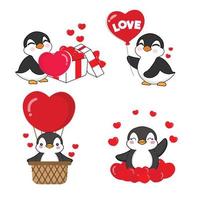 hjärtans dag samling med söt pingvin och kärlek element. vektor