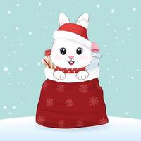 jul säsong illustration och söt liten kanin i gåva väska vektor