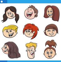 tecknad serie barn eller tonåringar tecken ansikten uppsättning vektor