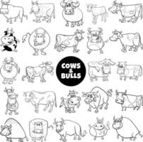tecknad serie kor och tjurar bruka djur stor uppsättning färg sida vektor