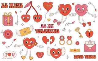 Vektor-Retro-Liebesset. y2k Herzaufklebersammlung. fröhlichen Valentinstag. Liebesbriefe und Herzen im Cartoon-Stil der 70er Jahre. rosa, rote und gelbe Vintage Illustration im flachen Design. vektor